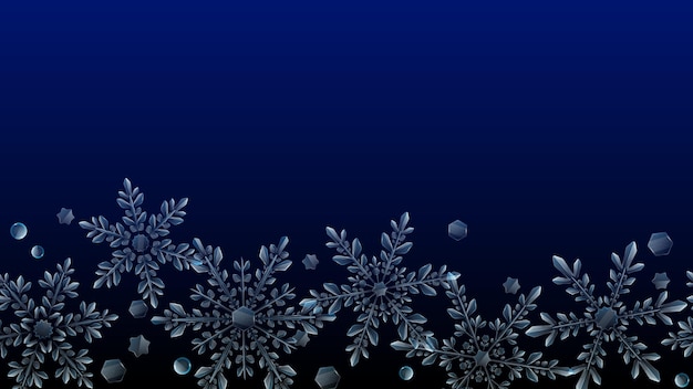 Christmas composition of large complex transparent snowflakes in light blue colors on dark gradient background With horizontal repeating pattern