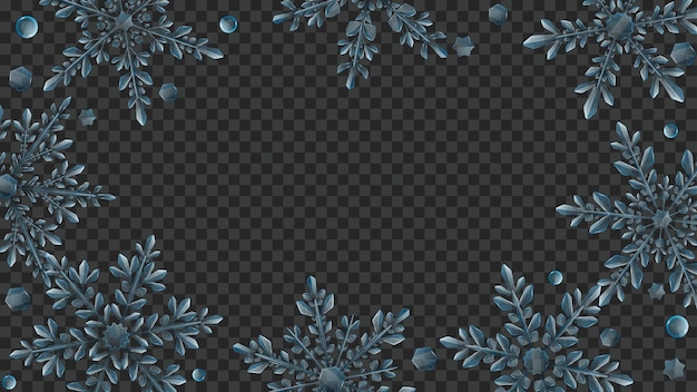 Christmas composition of large complex transparent snowflakes in light blue colors for use on dark background. Transparency only in vector format