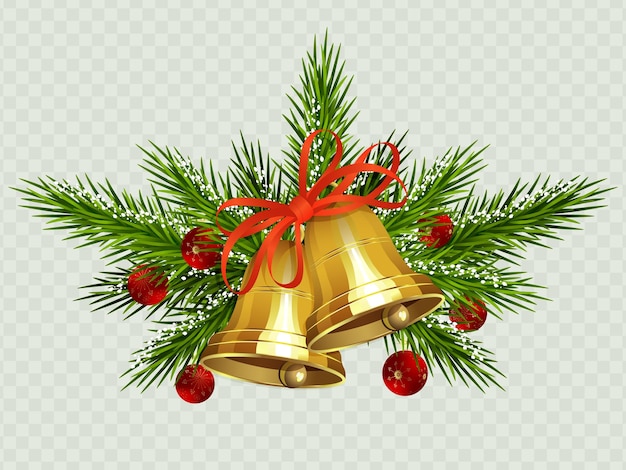 Christmas composition with two golden bells with red ribbon spruce twigs and red balls