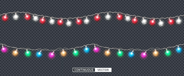 Christmas continuous lights vector set design. Seamless and endless sparkling xmas light collection