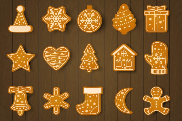 Christmas cookies on a wooden backgroundNew Year's holiday treatsVector illustration