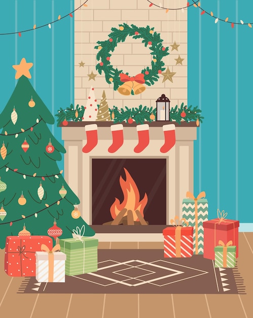 Christmas cozy interior with fireplace and decoration, living room with Xmas tree gift boxes garland