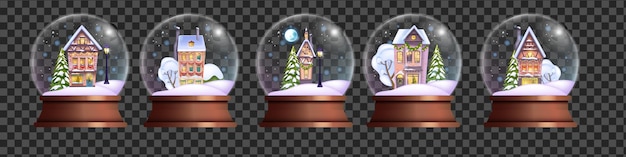 Christmas crystal ball set vector xmas holiday snow globe kit winter realistic magic bubble