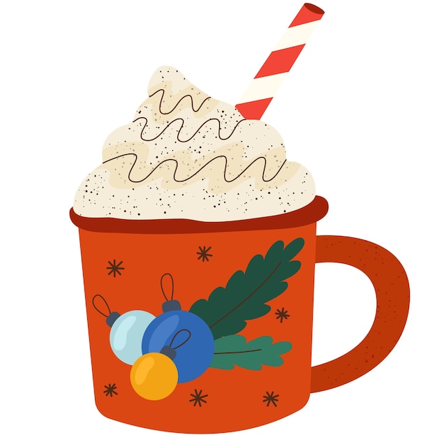 Vector christmas cup with drink winter holiday mug with hot chocolate cocoa or coffee and cream