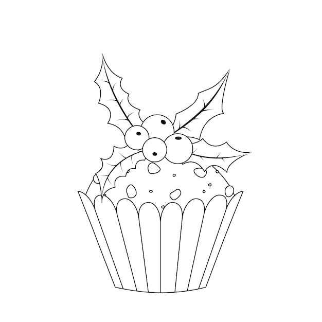 Christmas cupcake coloring page Black and white cupcake berries ilex Vector