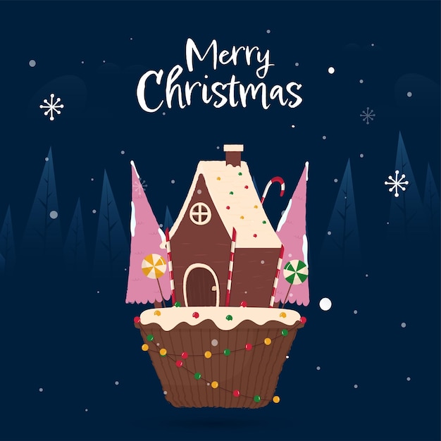 Christmas Cupcake Decorated By Chimney House Tree Candies And Lighting Garland Against Blue Snowfall Background Merry Christmas Greeting Card