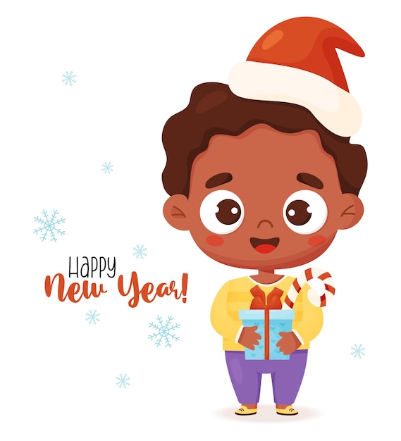 Christmas cute black ethnic boy in santa hat with gift and inscription happy New Year