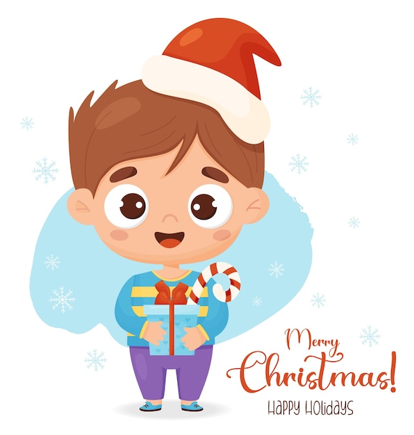 Christmas Cute boy in santa hat with New Years gift and caramel and inscription Merry Christmas