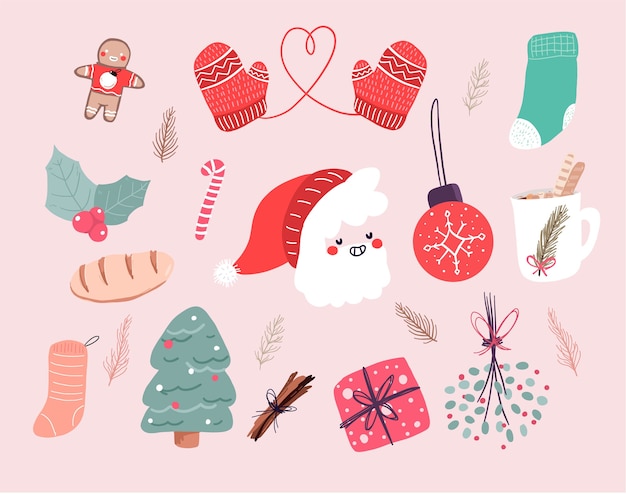 Christmas cute cartoon elements decor set sticker design