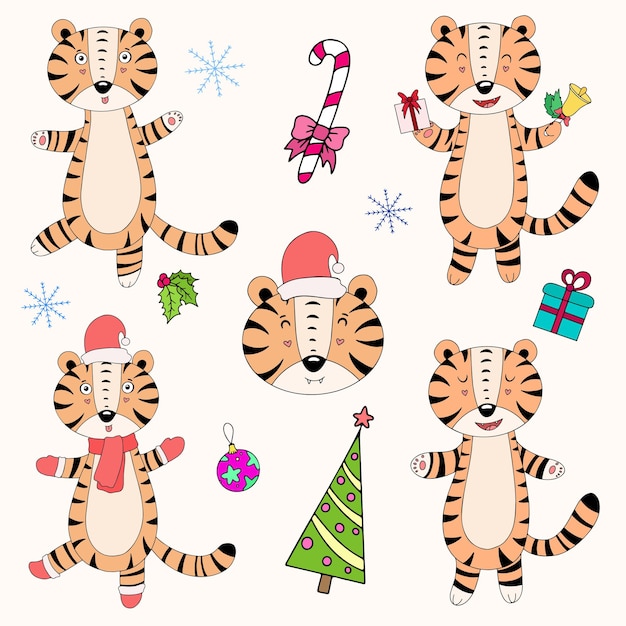 Christmas cute cartoon tigers, vector illustration