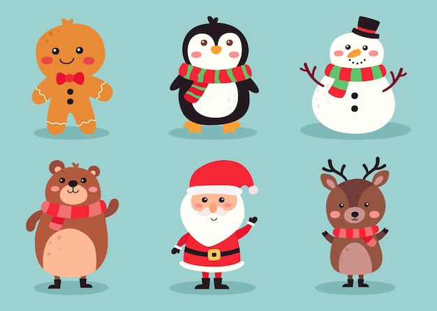 Christmas cute characters set isolated on blue background