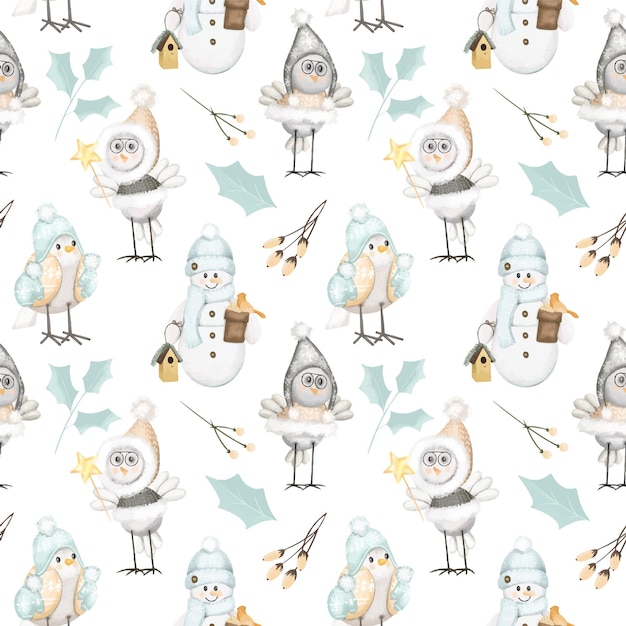 Christmas cute snowmen winter birds and holly leaves seamless pattern