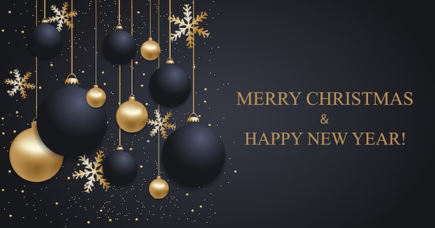 Christmas dark blue background with Christmas balls and golden snowflakes. Happy New Year decoration.