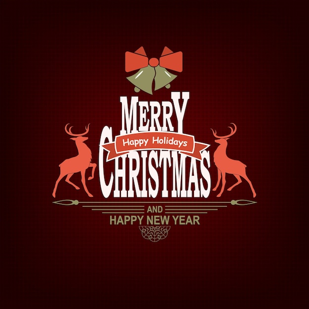 Christmas dark red composition with deers text silhouette of a snowflake and bells