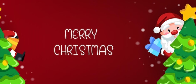 Christmas day banner background Santa Clause holding gift behind Christmas tree on red wall