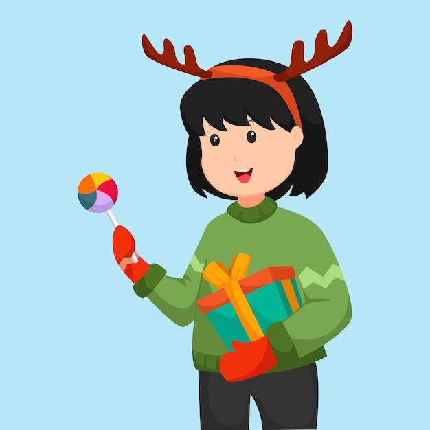 Christmas Day Little Girl with Gift Character Design Illustration