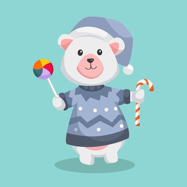 Christmas Day Polar Bear with Lollipop Character Design Illustration