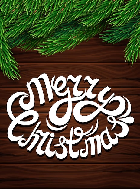 Christmas decoration against the dark wooden planks Christmas tree branches letter inscription wooden background Poster for the New Year and Christmas Vector illustration