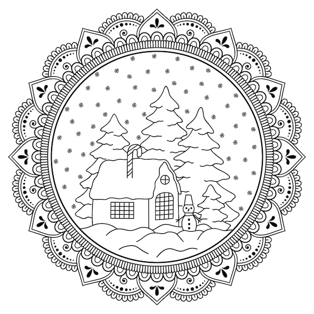 Christmas decoration in the form of mandala with elements of festive decoration. Coloring book page.