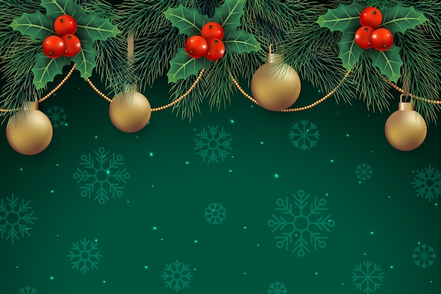 Christmas decoration on green background with snowflakes