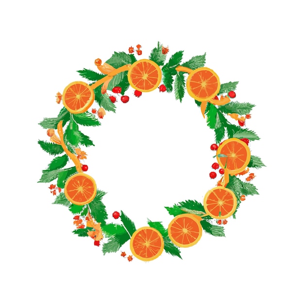 Christmas decoration. Round frame with holly leaves, oranges and mistletoe branches