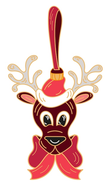 Christmas decoration with Santas deer in a hat with bow, isolated on white background