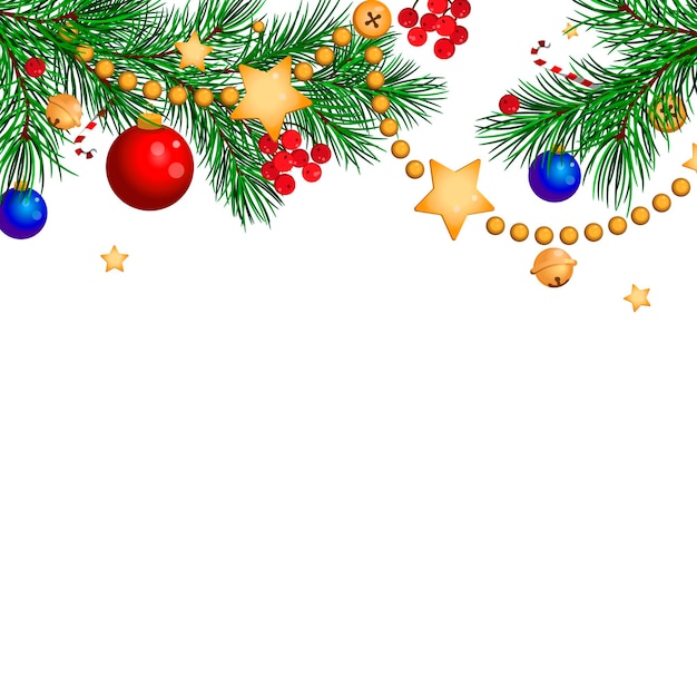 Christmas decorationillustration of fir branches with red balls and garlands bells candy canes