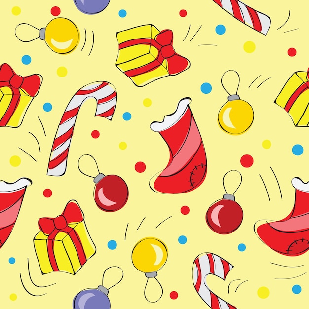 Christmas decorations, balls and presents, seamless pattern - vector