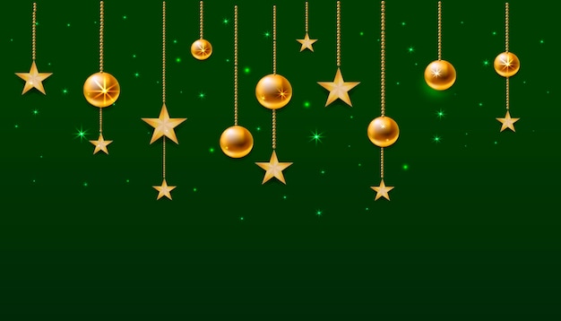 Christmas decorations. Golden balls and stars hang on a string. Sparks shine all around.