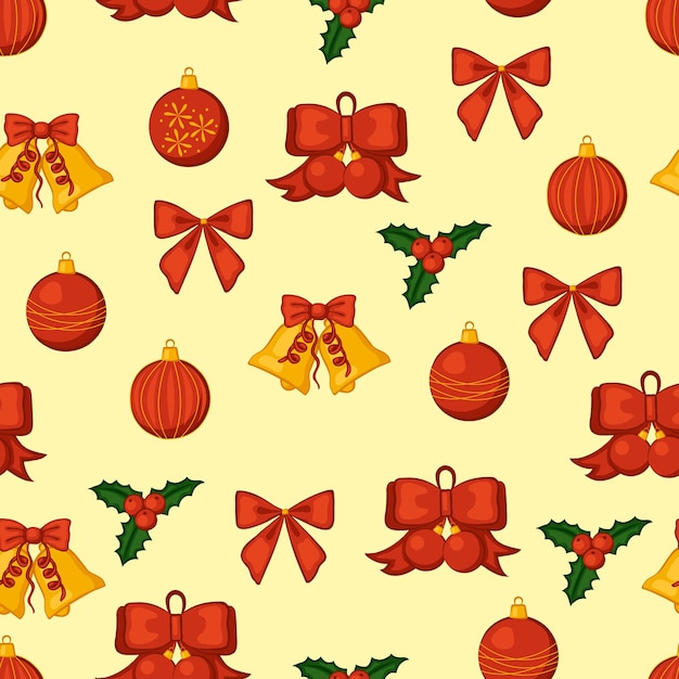 Christmas decorations seamless pattern. Bows, bells, balls