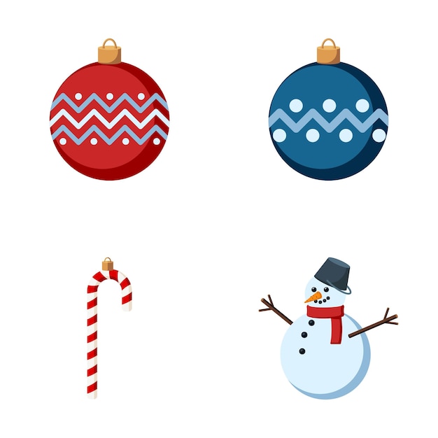 Christmas Decorations Set. Collection of Toys for Christmas Tree. Flat Style. Traditional Winter elements for logo, sticker, print, emblem, badge, greeting and invitation card design and decoration