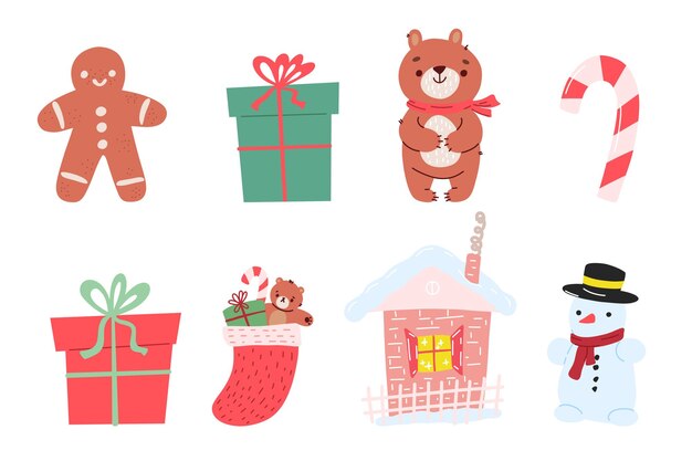 Vector christmas decorations set winter holiday elements stuff bundle xmas gingerbread man teddy bear