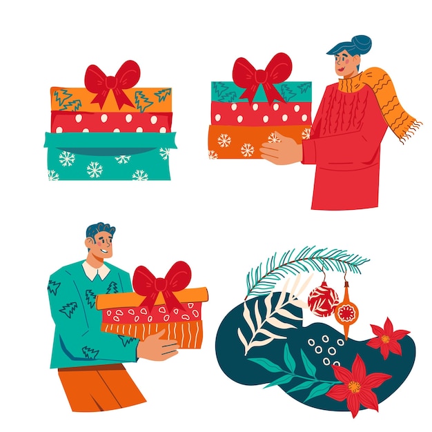 Christmas decorative elements set with floral elements and people giving gifts