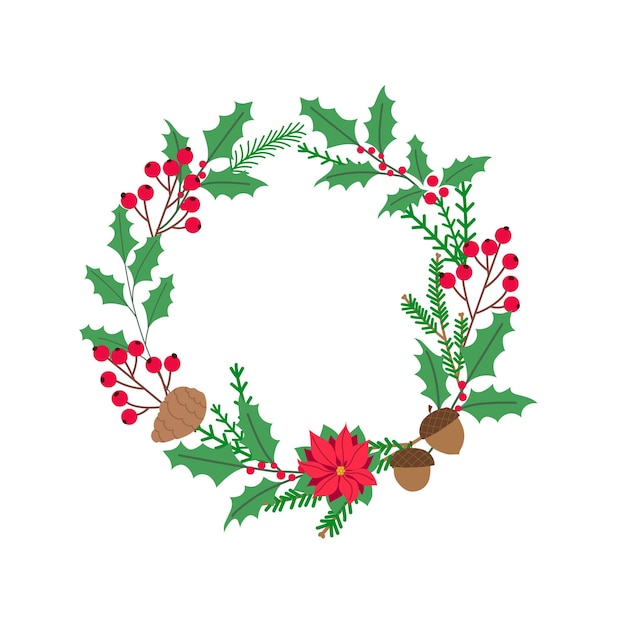 Christmas decorative wreath with different winter plants Round frame design template Vector illustration isolated on white background