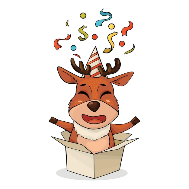 Vector christmas deer character jumping out of a box of confetti reindeer new year cards surprise