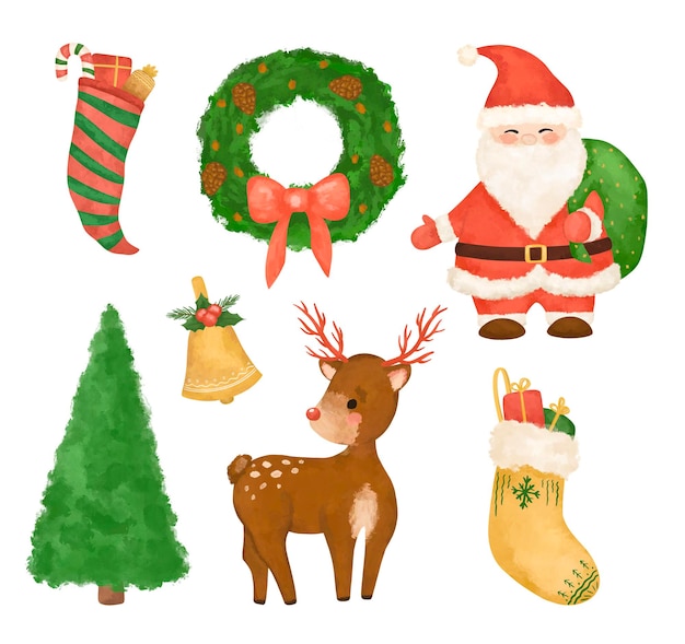 Christmas Deer and Santa pine wreath clip art