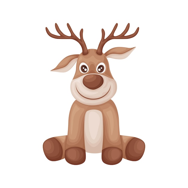 Christmas deerA cute fawn is sitting on the floor Cartoon smiling deer Vector illustration isolated on a white background