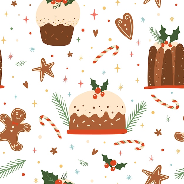 Christmas dessert seamless pattern Vector Christmas holiday pudding food gingerbread stars repeat background Decorative baked Christmas cake wallpaper wrap paper cute childish textile design