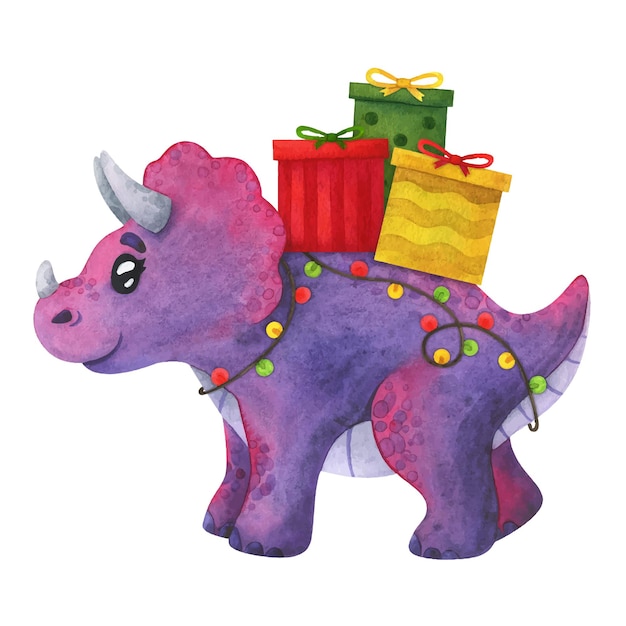 Christmas dinosaur cartoon purple Triceratops Watercolor illustration of a festive Jurassic Animal