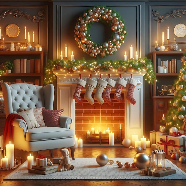 Vector a christmas display with a fireplace and stockings on the mantle