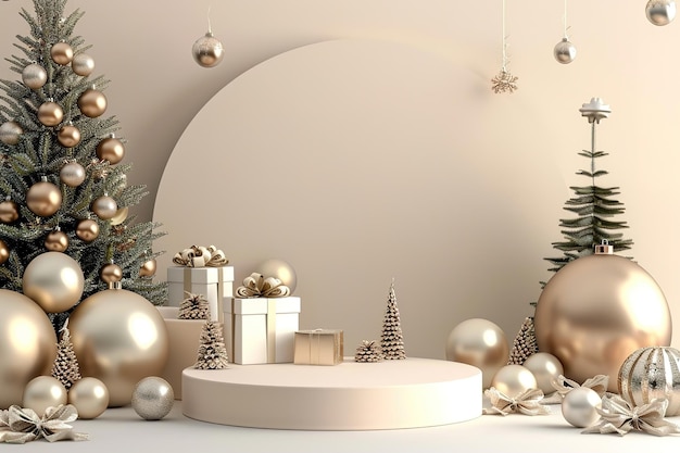 Vector a christmas display with a white circle and gold ornaments