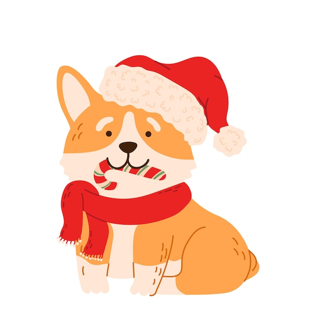 Christmas dog corgi dressed in Christmas costume santa hat and red scarf Cartoon animal puppy