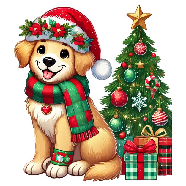 Vector christmas dog with santa hat illustration create a festive png illustration featuring a cute dog