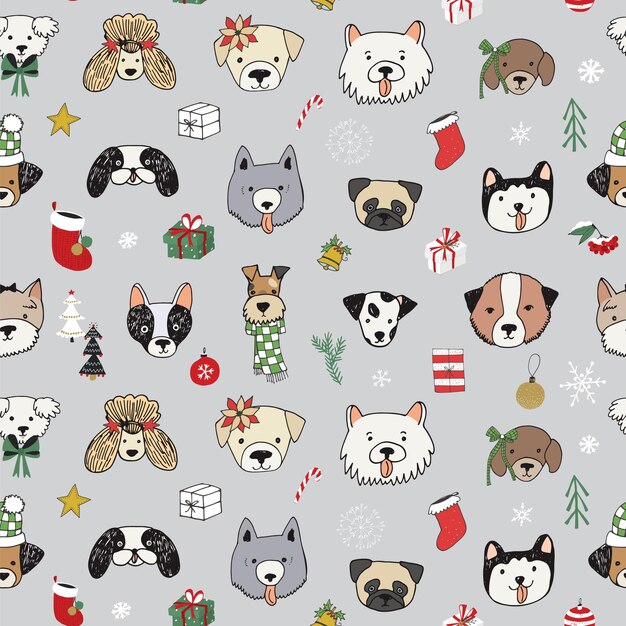 Vector christmas dogs face animal vector seamless pattern