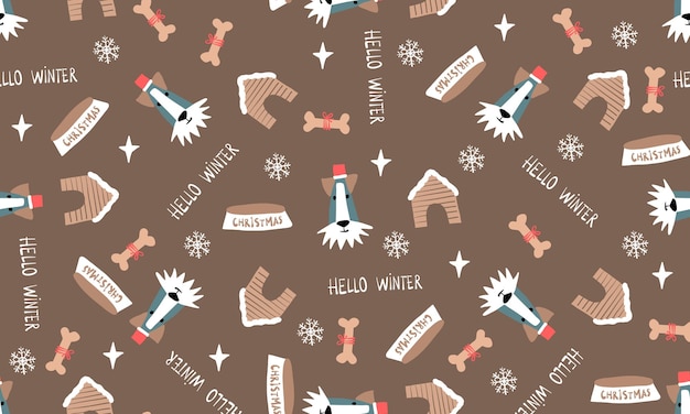 Christmas dogs seamless pattern. Winter holiday doggi brown background. Kids textile. Gift paper