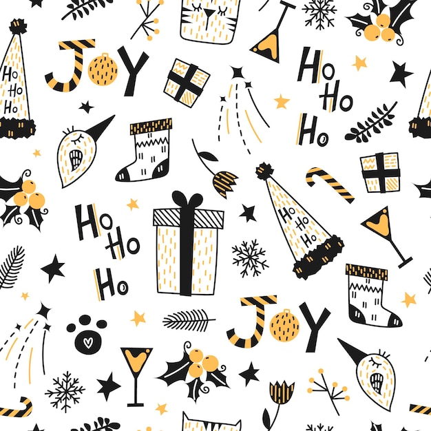 Christmas doodle hand drawn elements seamless pattern