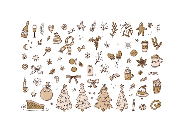 Christmas doodle set Hand Drawn new year collection xmas tree sweets Winter design doodle elements in cartoon style Vector illustration isolated on white background