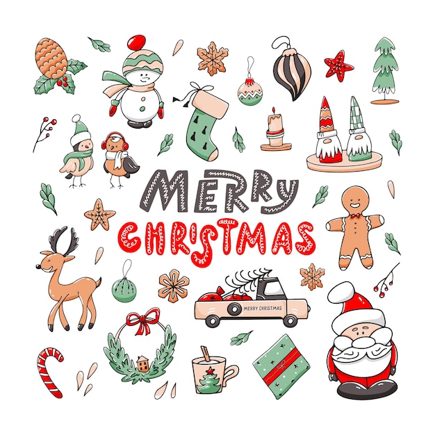 Christmas doodle set  with lettering Merry Christmas isolated on white background