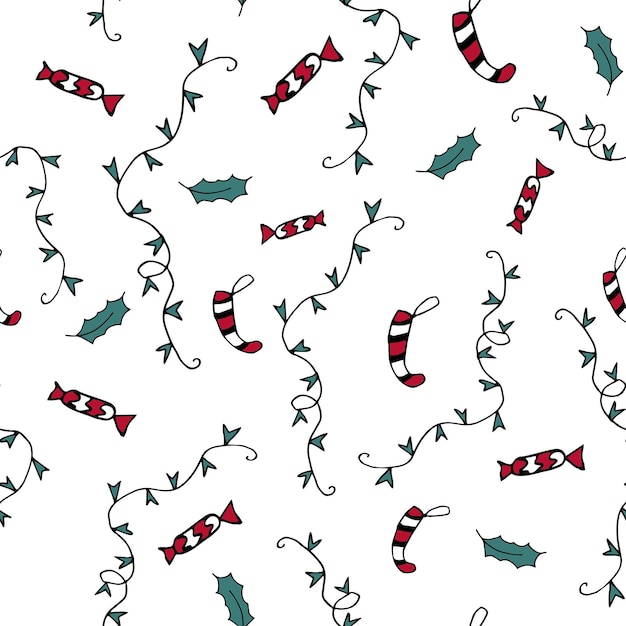 Christmas doodle sweets and garlands. New year decoration. Green red on white background