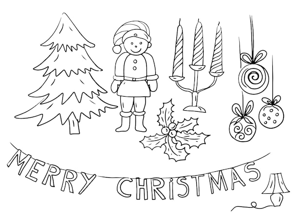 Christmas doodles candles tin soldier gnome sketch handdrawn separate elements of decor for the new